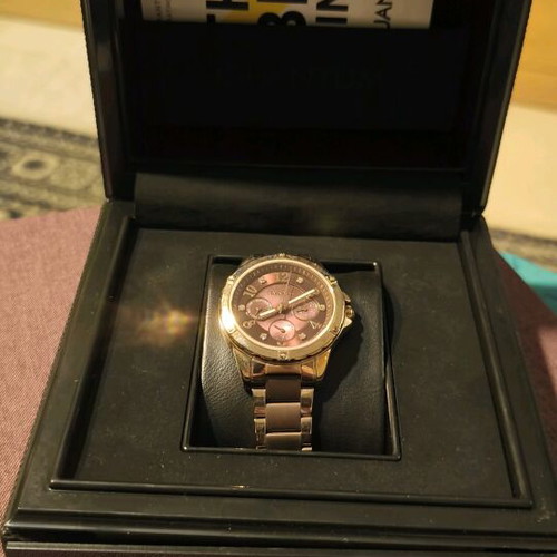 Quantum wristwatch new, brown and gold with bronze bracelet and Swarovski crystals