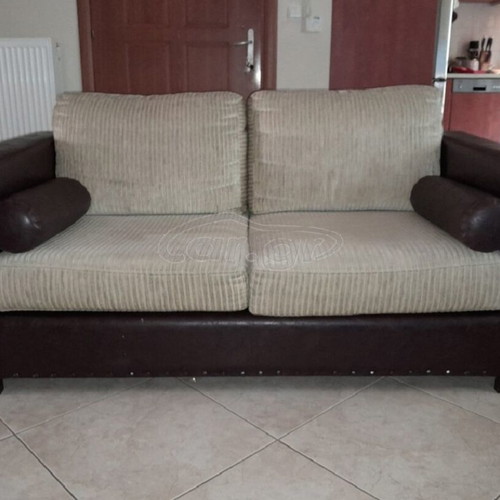 Sofa set used, two- and three-seater, solid wood and leather