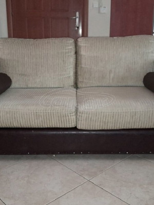 Sofa set used, two- and three-seater, solid wood and leather
