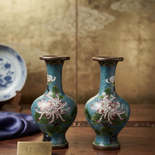 Βίντατζ κινεζικές βάζες cloisonné με σμάλτο και λουλούδια, ζευγάρι 17εκ μεταχειρισμένες