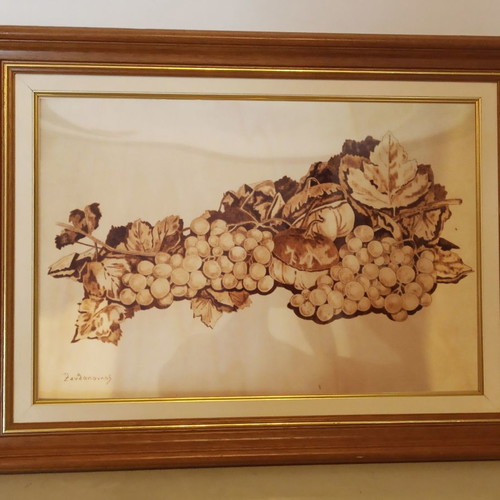 Still life pyrography painting new, on poplar wood