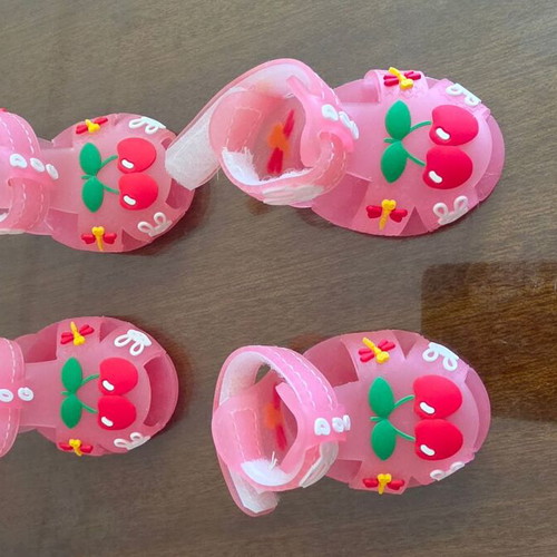 Set of 4 small pink dog sandals with cherry design, Velcro fastening