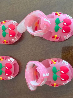 Set of 4 small pink dog sandals with cherry design, Velcro fastening