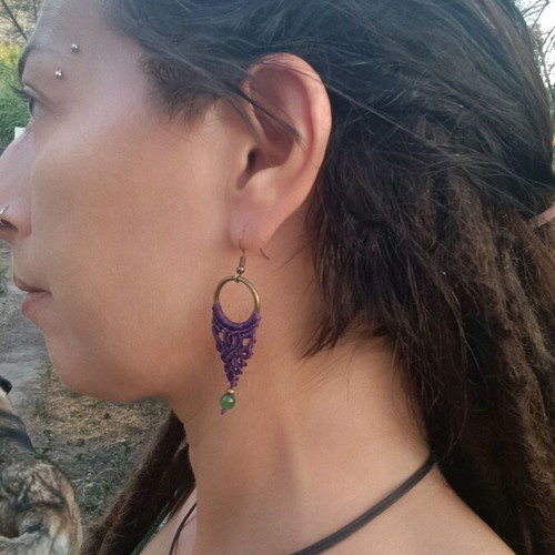 Macrame earrings with genuine green aventurine semi-precious stone new