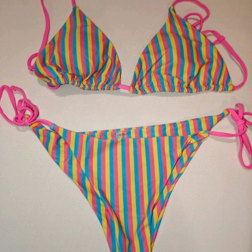 Striped multicolored bikini set with triangle top and tie (unworn)