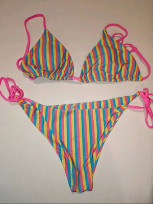 Striped multicolored bikini set with triangle top and tie (unworn)