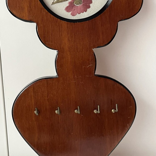 Vintage wooden wall key holder with flower and heart embroidery used