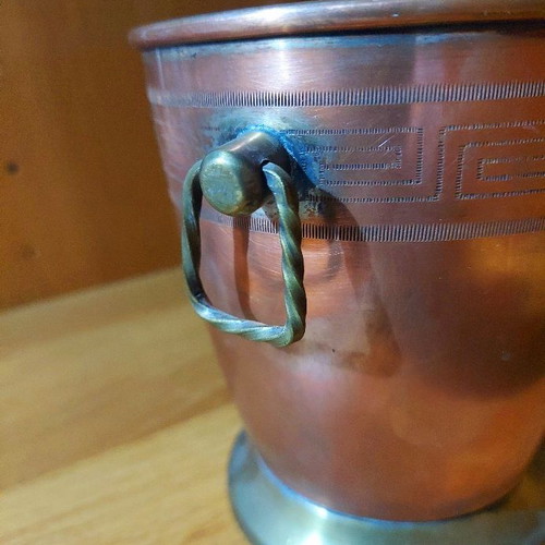 Copper ice bucket used, retro antique with engraved meander