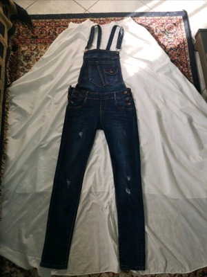 Women’s denim overalls like new, dark blue, slim fit with distressed details