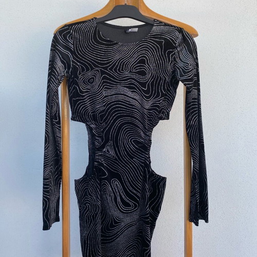 Velveteen dress with glitter and cutouts at the waist, like new, black
