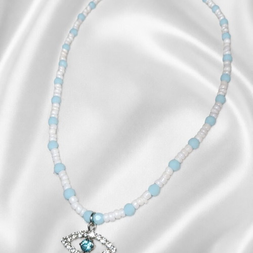 Handmade necklace with evil eye charm, white and turquoise