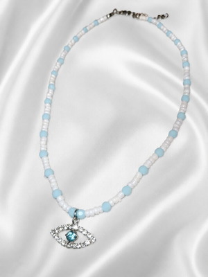 Handmade necklace with evil eye charm, white and turquoise
