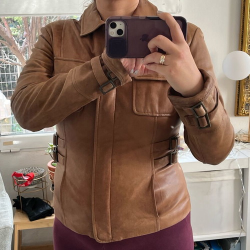 Lapel leather jacket used, brown, size medium