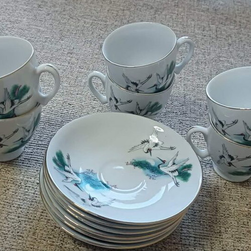 Porcelain cup set with cranes, 6 cups and 6 saucers, new