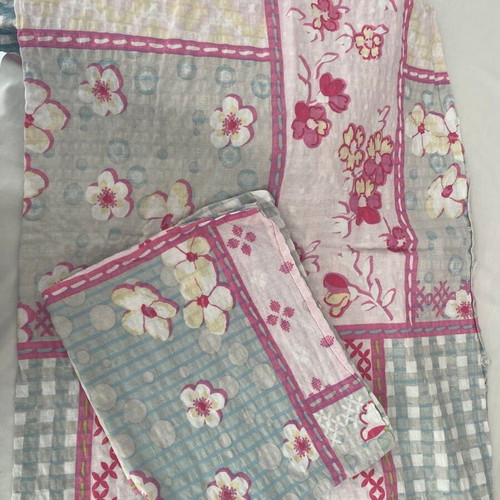 Floral pink and blue tartan duvet cover with 2 pillow cases, 100% cotton, 200x250cm