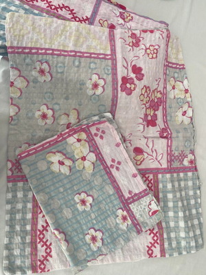 Floral pink and blue tartan duvet cover with 2 pillow cases, 100% cotton, 200x250cm