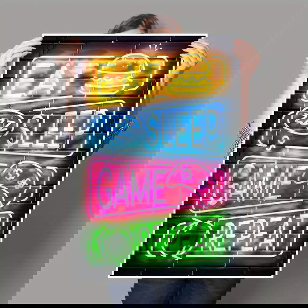 Neon Poster "EAT SLEEP GAME REPEAT" – Πίνακας για Γκέιμερς 50×70 εκ.