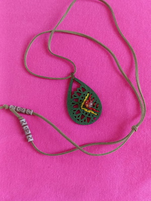 Adjustable Boho Necklace with Wooden Green Pendant and Suede Cord