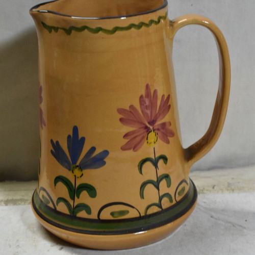 Handmade ceramic jug with painted flowers like new