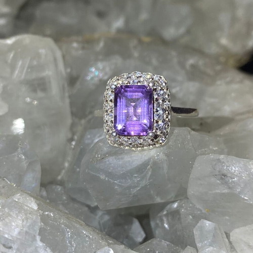 Silver ring with natural amethyst cut stone and moissanite, new
