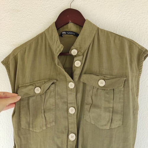 Zara linen mix khaki green sleeveless jumpsuit, Small