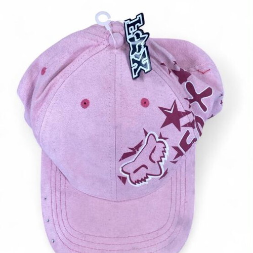 Fox Racing pink hat with white fox head and red stars