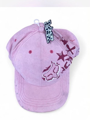 Fox Racing pink hat with white fox head and red stars