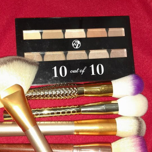 W7 eyeshadow palette with 10 earthy shades and 5 medium makeup brushes, like new