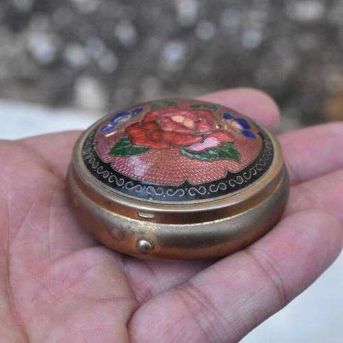 Vintage Cloisonné Metal Pillbox used with Rose and Butterflies