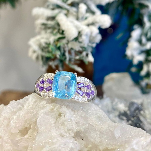 Handmade silver ring with natural aquamarine, amethyst and moissanite