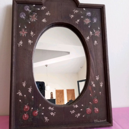 Wooden handmade mirror used with signature and painting 35x25 cm
