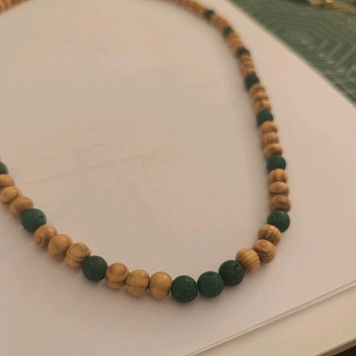 Long handmade necklace new with lava stones and wooden beads