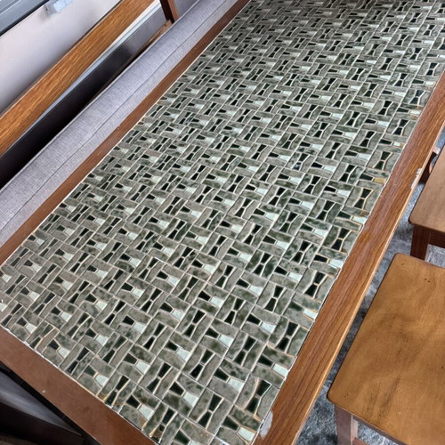 Handmade solid beech wood dining table with mosaic tiles and seating
