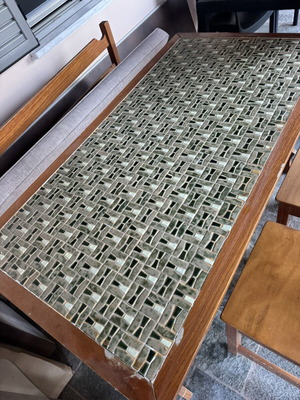 Handmade solid beech wood dining table with mosaic tiles and seating