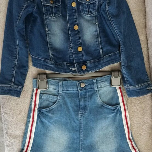Set of 3 pieces denim skirt Mothercare, denim jacket Orchestra and thin knitted cardigan logg like new