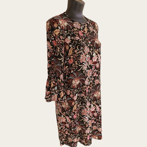 H&M floral mini dress black with bell sleeves, used, size M