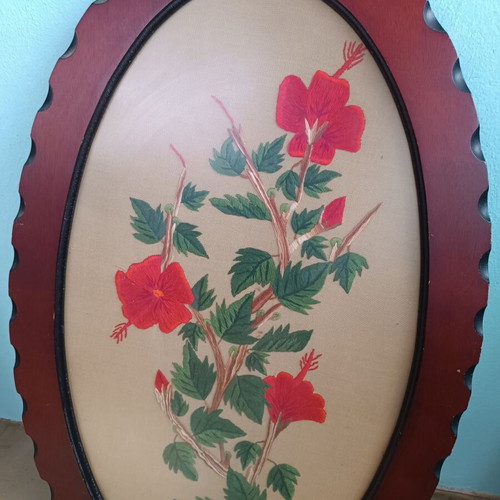 Hibiscus embroidered painting in frame like new