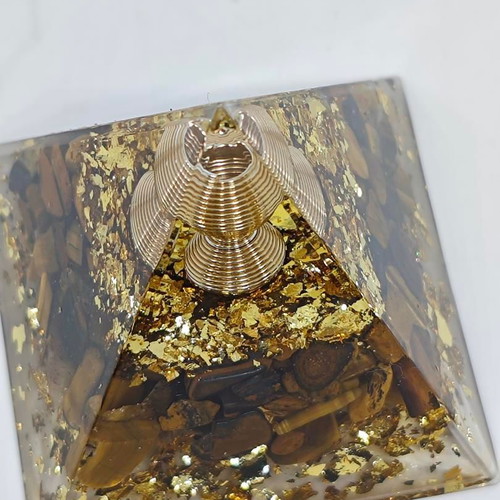 Orgonite pyramid with Tiger's Eye and gold leaves like new