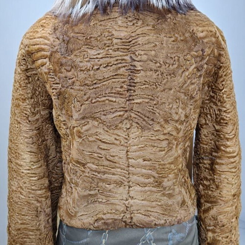 Swakara fur jacket with fox trim collar new, beige