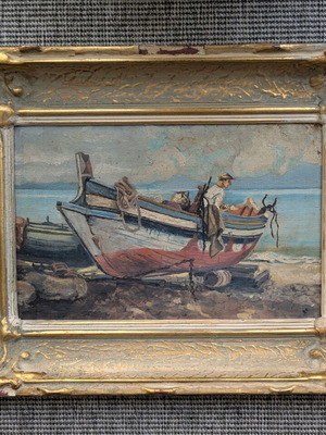 Vintage maritime oil painting used with ornate Louis XIV frame