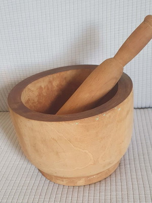 Wooden beech mortar and pestle used, over 30 years old