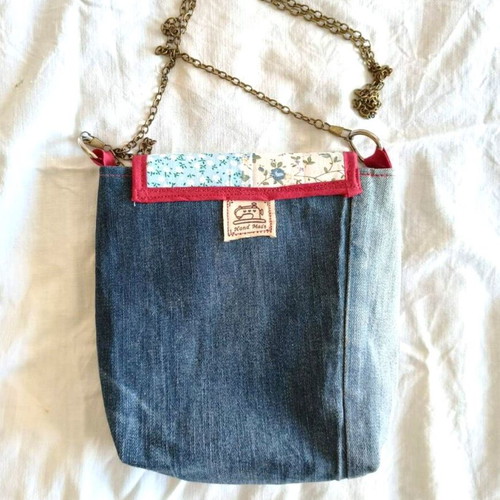 Handmade jean crossbody bag blue new with flap and chain strap