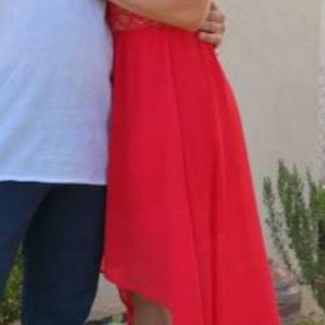 Asymmetric red evening dress like new, size S, lace detail