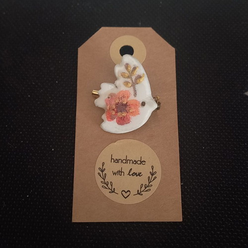 Handmade ceramic brooch new, multicolored with decoupage and glass coating
