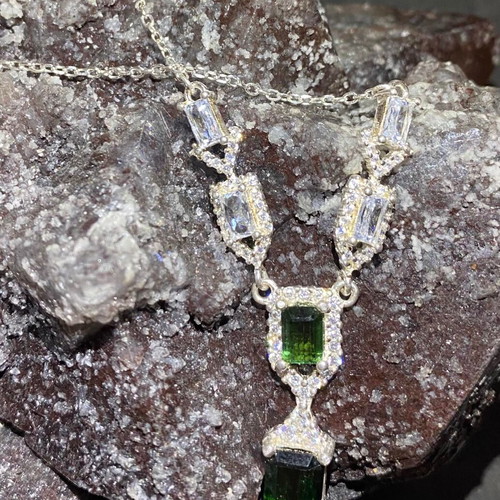 Silver necklace with natural indicolite, green tourmaline, topaz and moissanite