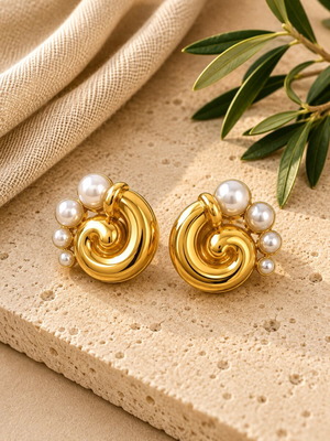 Statement spiral earrings with pearls, new, gold tone and white