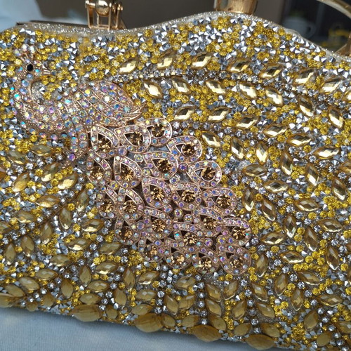 Evening shoulder and handheld bag new, gold with peacock