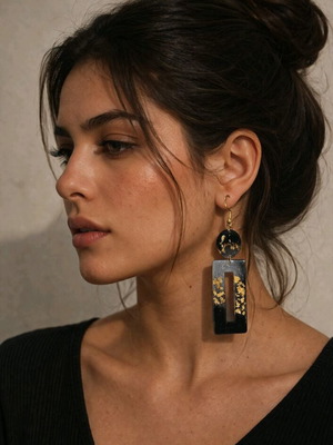 Handmade black and gold resin earrings with pearl, new