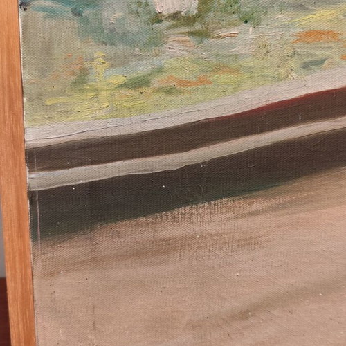 Oil painting on canvas used, flowers in window with wooden frame