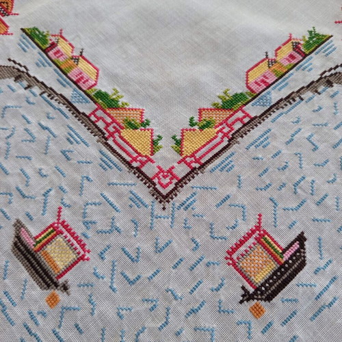 Handmade embroidered tablecloth white with multicolored flowers like new
